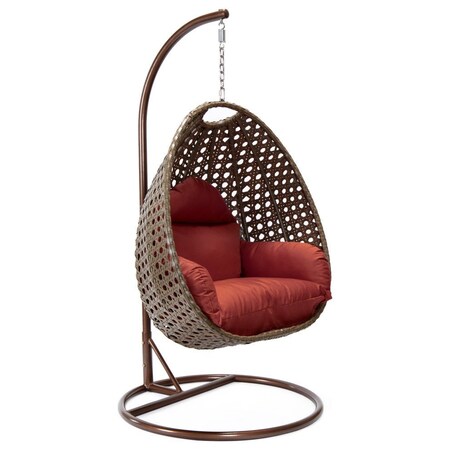 Leisuremod Beige Wicker Hanging Egg Swing Chair with Cherry Cushions ESCBG-40CHR