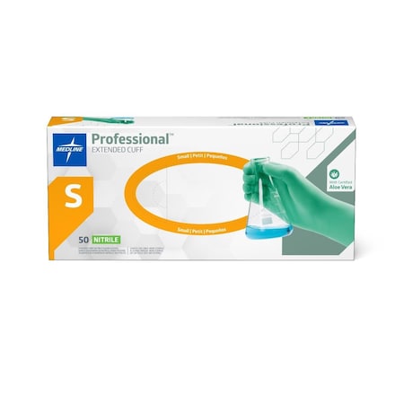 Medline Professional Powder-Free Textured Nitrile Exam Gloves w Aloe Vera, Size S, 12in Extended Cuff, 50PK PRO31771H