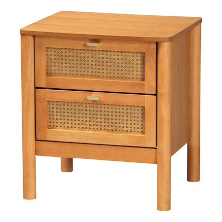 Baxton Studio Jenn Golden Brown Wood Japandi 2-Drawer Nightstand with Distressed-Finished Rattan 253-13946-ZORO