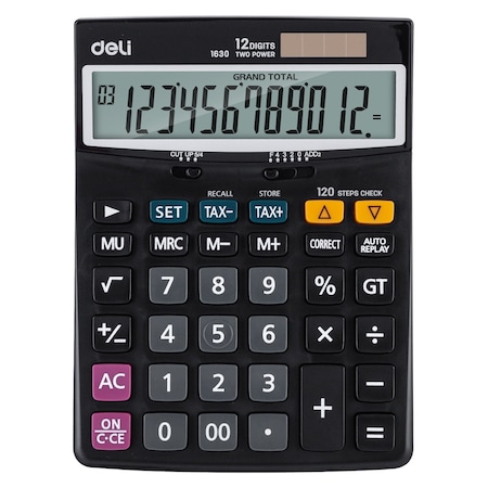 Deli Desktop Calculator, Tax + 120-Step Check, Acrylic Display, Dual Power, Black, 10PK E1630