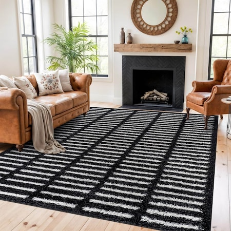 World Rug Gallery Bohemian Stripe Lines Shag Area Rug 7 ft 10 in x 10 ft Anthracite WR128ANTHRACITE8X10