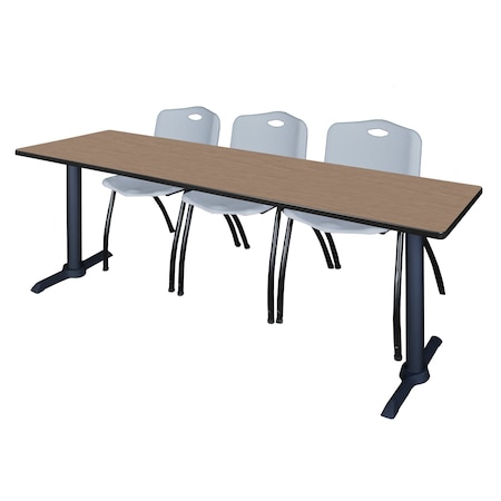 Regency Cain T-Base Training Seminar Table W/ 3 M Stack Chairs, 84 in W, 24 in L, Noble Oak MTRCT8424NO47GY