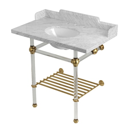 Kingston Brass 36-Inch Carrara Marble Console Sink with Acrylic Legs and Shelf, 8-Inch, 3-Hole LMS36MAB7