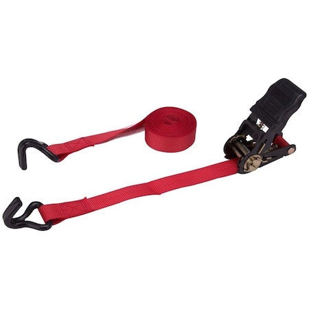 Prosource Tie-Down, 1 in W, 14 ft L, Polyester Webbing, Metal Ratchet, Red, 500 lb, Double J-hook End Fitting FH64057