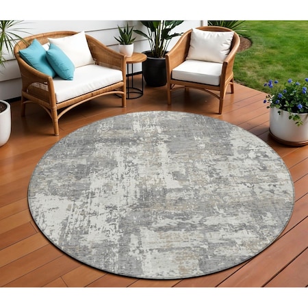 Homeroots 8' Gray And Ivory Round Abstract Washable Indoor Outdoor Area Rug 597970