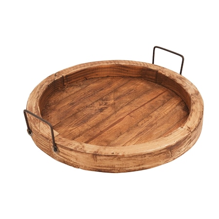 Homeroots 15in Natural Solid Wood Handmade Round Serving Tray With Handles 724232