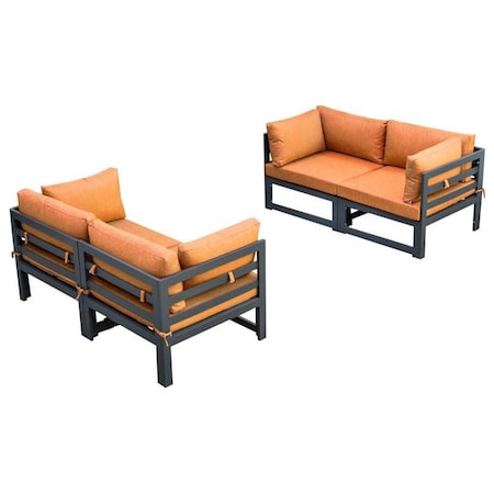 Leisuremod Chelsea 4-Piece Sectional Loveseat Set Black Aluminum with Orange Cushions CSCBL-4OR