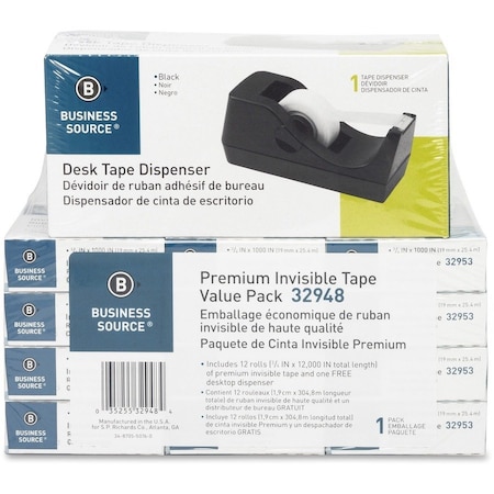 Business Source Invisible Tape Dispenser Value Pack, 27.78 yd L, Clear, 12 PK BSN32948