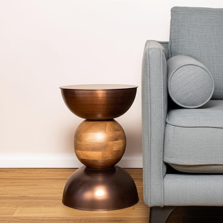 Homeroots 20" Bronze and Brown Iron and Solid Wood Round Pedestal End Table 556505