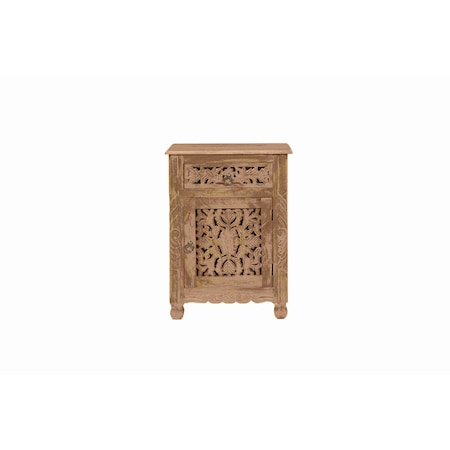 Homeroots 22" Brown Solid Wood Distressed Carved Floral One Drawer Nightstand 720642