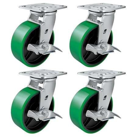 Hyw Products Heavy Duty Caster Set 6in Green Polyurethane on Cast Iron Wheels, 4 Swivel with Brake, 4PK 40-60S-A1-PC-TB-4 (G)