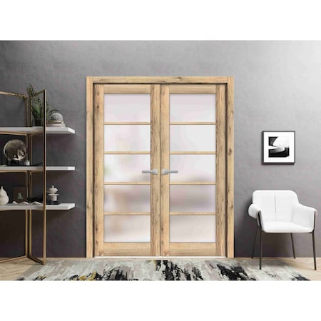 Sartodoors Solid French Double Doors Frosted Glass Oak 64x96 (2* 32x96) Solid Core Modern Interior QUADRO4002DD-DUB-6496