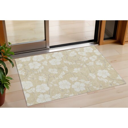 Homeroots 3' X 5' Beige And Ivory Floral Washable Indoor Outdoor Area Rug 599856