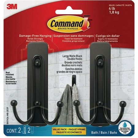 Command Large Double Bath Hook Matte Black 2 Hooks 2 Strips BATH36-MB-2ESF