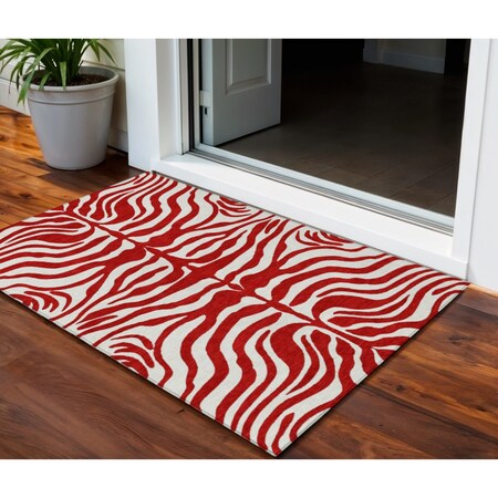 Homeroots 3' X 5' Red And Ivory Animal Print Washable Indoor Outdoor Area Rug 600648