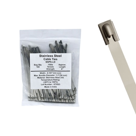 Cable Ties Unlimited Cable Tie, 6 in L, 150 lb Strength, 1.4 in Max Bundle Dia, 316 Stainless Steel, Silver, 100PK SSP6-LD