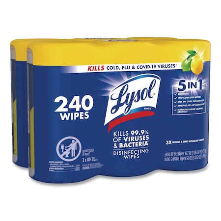 Lysol Disinfecting Wipes, 80 Wipe Canister, 7x8 in Wipes, Nonwoven Fiber, Lemon & Lime Blossom, PK6 REC 84251