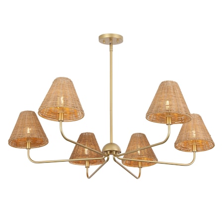 Jonathan Y Pauline 38" 6-Light Coastal Contemporary Adjustable Swooping Arm Candle-Style Metal w/Rattan Shades JYL9557B