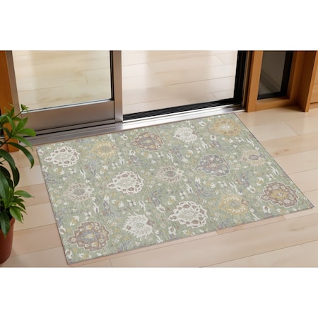 Homeroots 3' X 5' Artichoke Green Brown And Ivory Damask Washable Indoor Outdoor Area Rug 599388