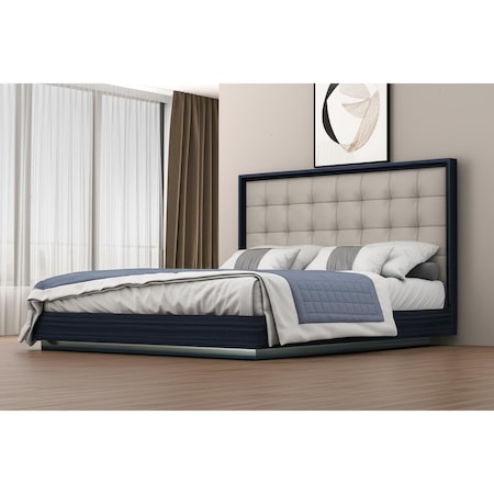 Homeroots Blue and Gray Wood And Tufted Faux Leather Lighted King Bed Frame 606427