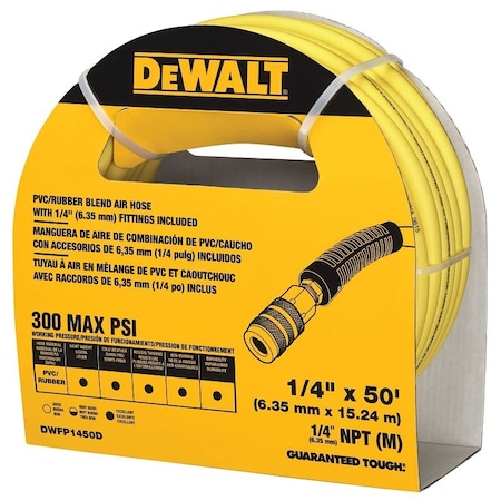 Dewalt Air Hose, 1/4 in OD, 50 ft L, 300 psi Pressure, Polymer, Yellow DWFP1450D