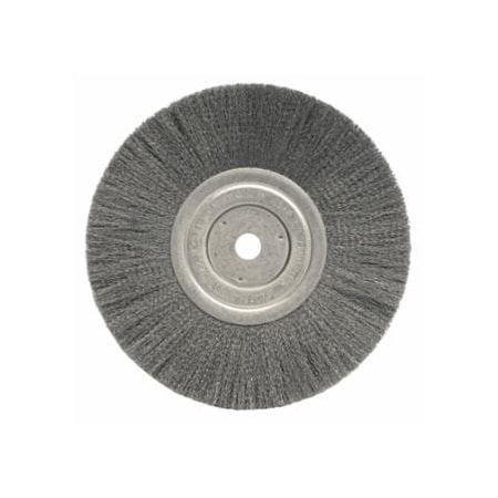 Weiler Narrow Face Crimped Wire Wheel, 8 in dia x 3/4 in W Face, 0.006 in Stainless Steel Wire, 6000 RPM 804-01775