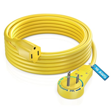 Maximm 10ft 16AWG 360 degrees Flat Plug Extension Cord, 3-Prong Grounded, UL, Yellow ADW-360-3110-Y