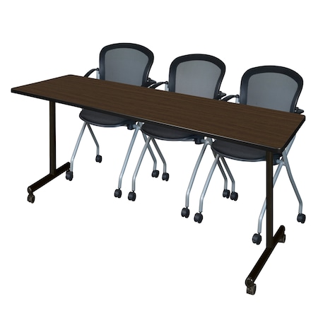 Regency Kobe Mobile T-Base Training Table W/ 2 Stack Chairs, 84 in W, 24 in L, Neo Walnut MKTRCC8424NW23BK