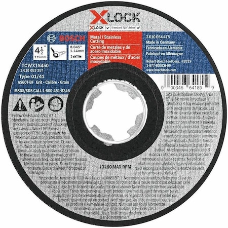 Bosch Abrasive Cut-Off Wheel, Type 1, 4 1/2 in Dia, 0.045 in Thick, 7/8 in Arbor Hole Size, 60 Grit TCWX1S450