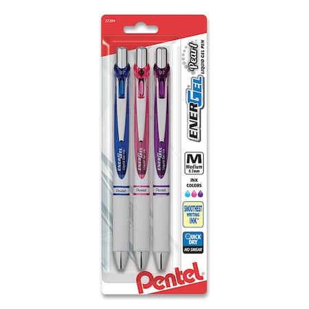 Pentel EnerGel Pearl Gel Pen, Retractable, Medium 0.7 mm, Assorted Ink and Barrel Colors, 3PK BL77WBPS3M2