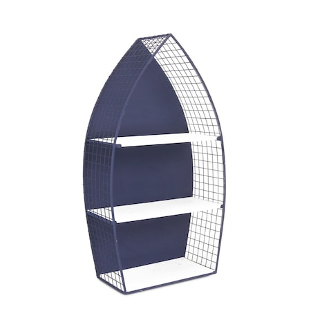 Homeroots 30" Navy Blue And White Metal and Wood Boat Shaped Bookcase 489054