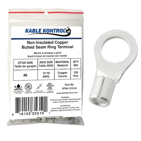 Kable Kontrol Non Insulated Copper Butted Seam Ring Terminal, 12-10 AWG, Stud Size # 6, 100 Pcs, 100PK RTNI-1210-6