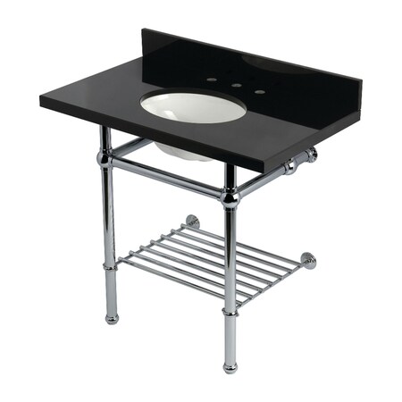 Kingston Brass 36-Inch Black Granite Console Sink with Brass Legs and Shelf, 8-Inch, 3-Hole KVPK36KBB1