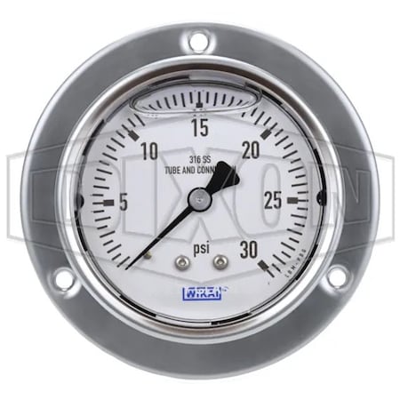 Dixon Panel Builder Gauge, 0 to 30 psi, 1/4 in Connection, 2-1/2 in Dial, +/- 2-1-2 %, Glycerin Liquid Fil PBLSS30