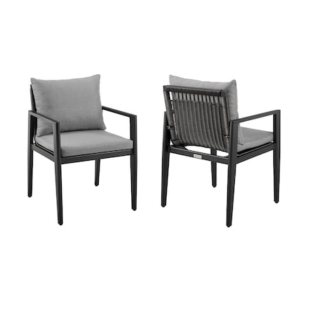 Armen Living Cayman Outdoor Patio Dining Chairs with Arms in Aluminum with Gray Cushions - Set of 2 LCCCCHBL