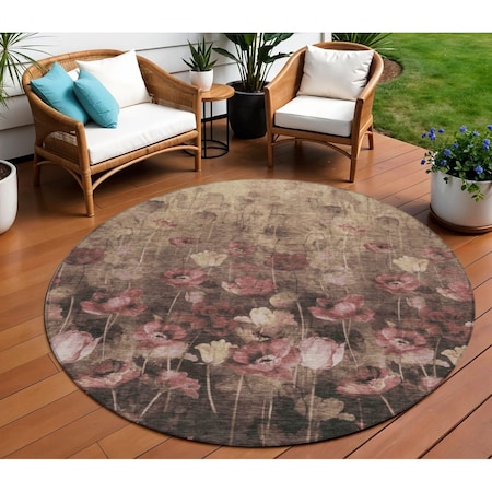 Homeroots 8' Taupe Brown And Pink Round Floral Washable Indoor Outdoor Area Rug 597065