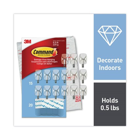 Command Small Wire Hooks, Small, Plastic/Metal, 0.5 lb Capacity, Clear, 15 Hooks and 20 Strips/Pack 17067CLR-15NA
