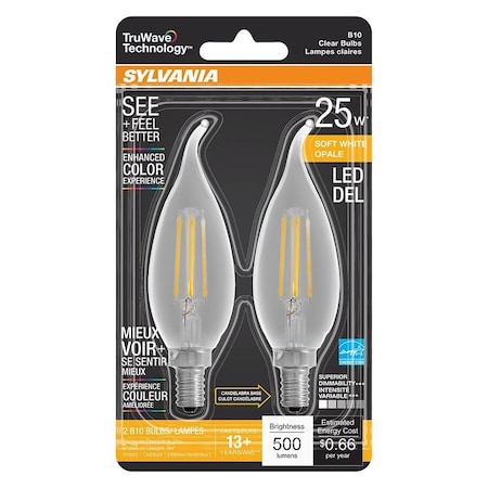 Sylvania Natural LED Bulb, Decorative, B10 Bent Tip Lamp, 25 W Equivalent, E12 Lamp Base, Dimmable, Clear 40854