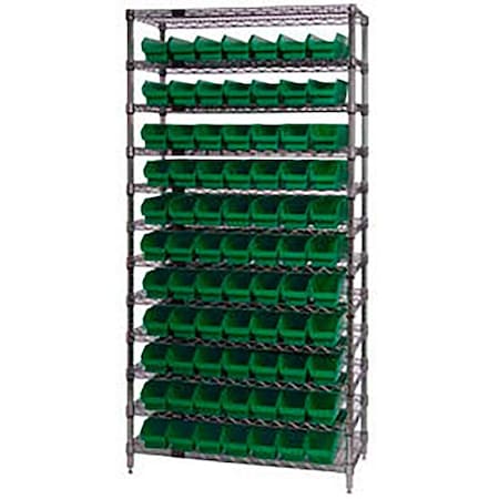 Global Industrial Chrome Wire Shelving with 77 4"H Plastic Shelf Bins Green, 36x18x74 268972GN
