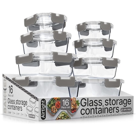Bakkenmaster Borosilicate Glass Food Storage Containers with Lids, BPA-Free, Airtight and Leak-Proof, Gray, 16PK EMPGFCL448GY