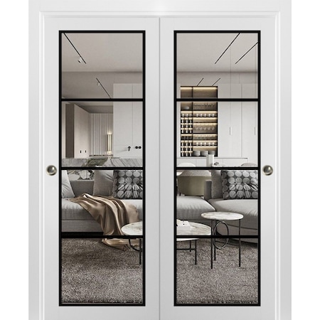 Sartodoors Sliding Closet Bypass Doors with Clear Glass, Lucia 2466 White Silk and Aluminum Strips, Sturdy Ra LUCIA2466DBD-WS-60 x 80 (2* 30x80)