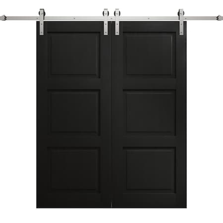Sartodoors Modern Double Barn Door 60 x 84 inches, Ego 5010 Painted Black Oak, 13FT Silver Rail Track Set, S EGO5010DB-S-CHK-6084