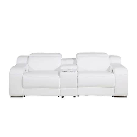Homeroots 89in White and Silver Italian Leather Power Reclining Loveseat With Storage 633754