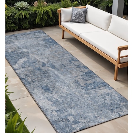 Homeroots 8' Runner Blue Abstract Washable Non Skid Indoor Outdoor Runner Rug 564234