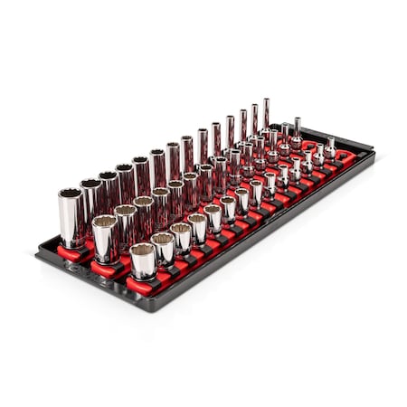 Tekton 1/4 Inch Drive Shallow, Semi-Deep, and Deep 12pt Socket Set with Rails and Trays, 42pc (4 - 15 mm) SHD90122