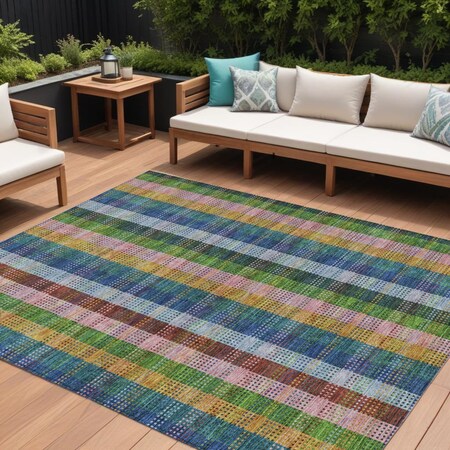 Homeroots 9' X 12' Navy Blue Pink And Sage Plaid Washable Indoor Outdoor Area Rug 613979