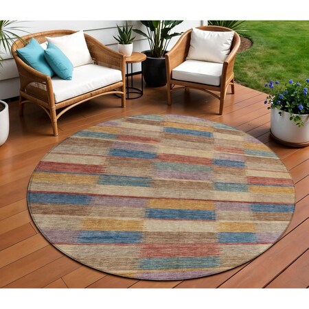 Homeroots 8' Beige Blue And Gold Round Striped Washable Indoor Outdoor Area Rug 615466