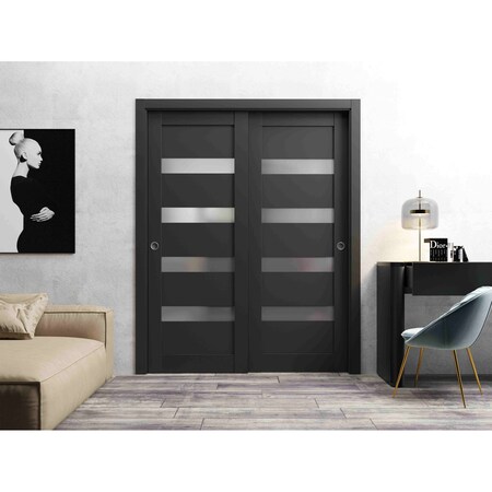 Sartodoors Sliding Closet Bypass Doors 60 x 80in, Quadro 4113 Matte Black Frosted Glass, Sturdy Rails QUADRO4113DBD-BLK-60
