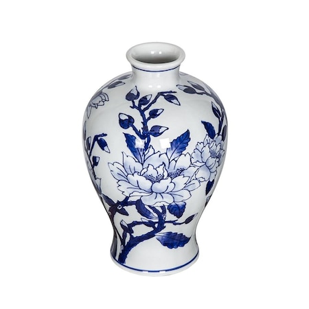 Homeroots 10" Blue And White Floral Round Porcelain Table Vase 565442