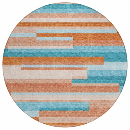 Homeroots 8' Orange Teal Blue And Salmon Round Striped Washable Indoor Outdoor Area Rug 613310
